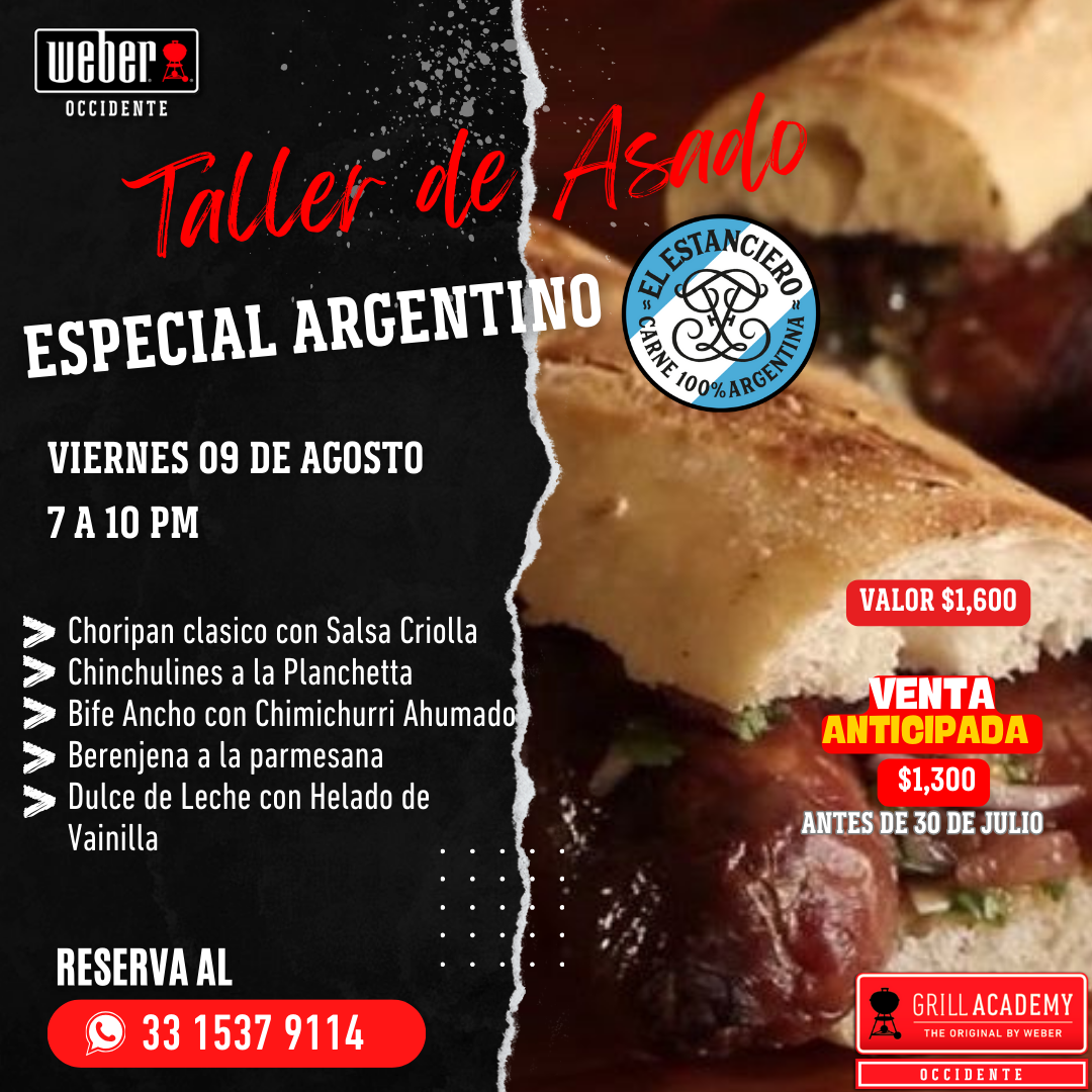 Taller: 9 AGOSTO GDL Nuestro Especial Argentino con carne 100% Argenti